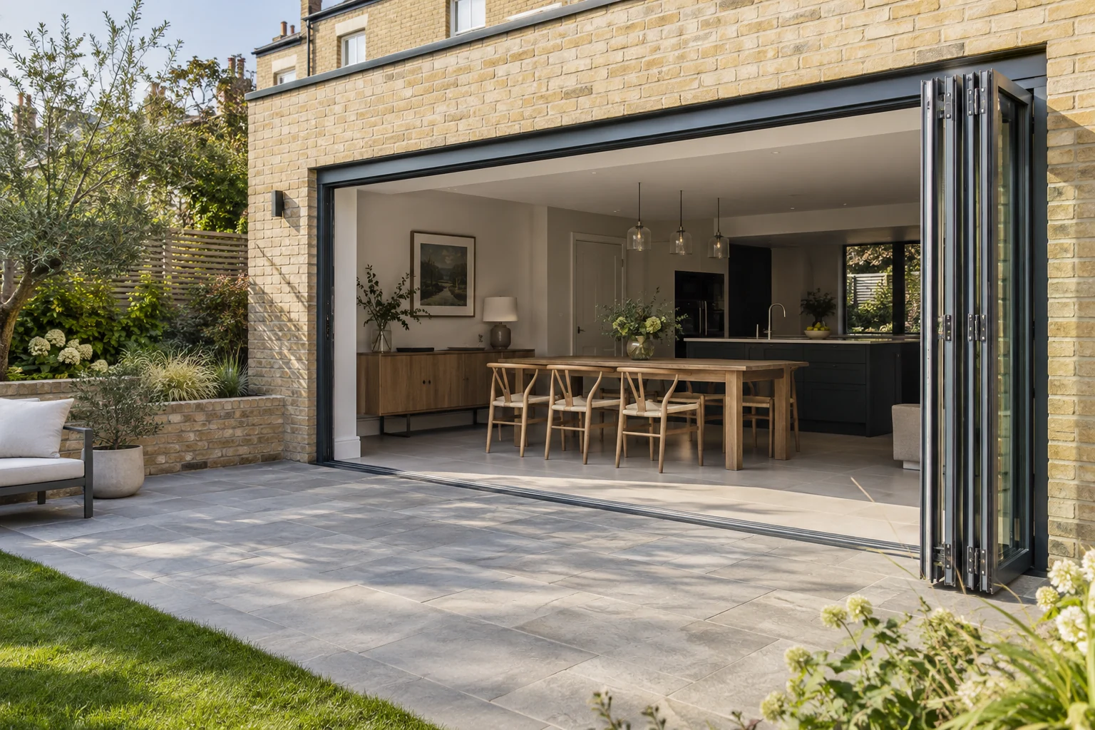 Illustrative home extension with open aluminium bifold doors leading onto a garden terrace